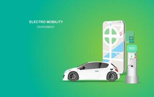 illustration smartphone banner with electric car charging station. Electro mobility environment for map location network concept.Green Clean energy transport.Creative paper art and craft style vector