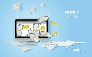 Earn Computer money online modern. vector illustration for web banners.Web sites and landing pages and social media. Graphic Element technology payment business concept.Marketing E-commerce finance.