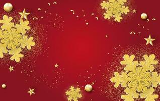 Merry Christmas and Happy New Year horizontal banner.Red tone background with Glitter ribbon realistic gold snowflakes.Paper cut and craft style.Graphic frame space for your text Vector illustration
