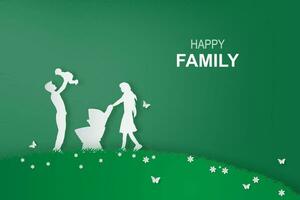 Green background happy family having fun playing in the field.Creative design paper art and craft style Environment ecology nature day concept.Family lifestyle enjoy in garden park.vector illustration vector