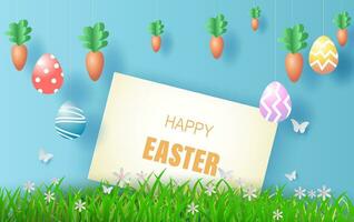 Element signboard design.Happy Easter day in green grass with white flowers.Butterflies fly air.Creative paper cut and craft style text for card.Carrots and eggs hanging on blue sky background.EPS10 vector