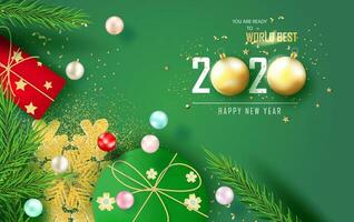 Top view Merry Christmas tree pine and New Year horizontal banner.Green tone background with realistic gold snowflakes and sparkling light garlands.Gift box and balls and golden confetti.Graphic frame vector