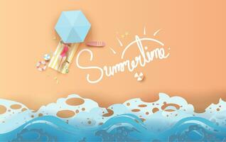 top view Sunbathing woman on beach. travel summer season banner.Calligraphy text Decoration swimming equipment. Seaside with landscape pastel color tone background,Paper cut and craft style vector. vector