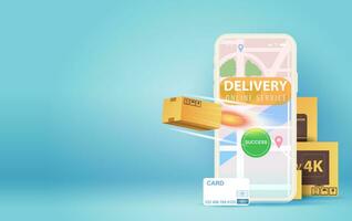 Online delivery smartphone concept idea.Fast respond delivery package shipping on mobile.Online order tracking with world map location.Logistic delivery service.parcel route on the screen Vector. vector