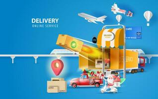 Merry Christmas Online delivery smartphone concept.Fast respond package shipping on mobile.Online order tracking world map location.Logistic Service delivery of multiple channels transportation.vector vector