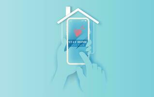 Stay home on smartphone background.stay safe home icon against virus. concept of quarantine and stay at home.hand with mobile phone COVID-19 Awareness.Space for your text banner website simple vector