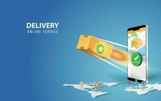 Online delivery smartphone concept idea.Fast respond delivery package shipping on mobile.Online order tracking with world map location.Logistic delivery service.parcel route on the screen Vector. vector