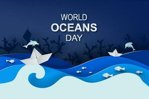 papel Arte y cortar estilo concepto de mundo océanos día. celebracion dedicado a ayuda proteger mar tierra y conservar agua ecosistema. azul tono origami arte papel de mar ondas. papel barco en mar vector
