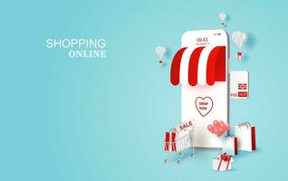 Paper Bag Cart gift box on market background. Happy Valentine and Merry Christmas season concept. Smartphone shopping online for holiday. isometric mobile market shop. Red and White tone color vector