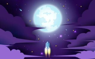 rocket flying in the star to the full moon. Paper art and craft style design. illustration for business startup concept on dark night background for poster or banner. Space rocket launch and galaxy. vector