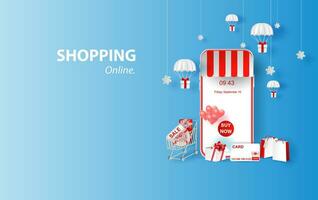 Shopping Online on smartphone or Mobile Application Concept idea Marketing and Digital marketing. Merry Christmas background Horizontal view with gift box and parachute of content sale in holiday vector