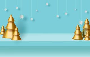 Blue Christmas Background with Border made of Gold tree and hanging snow.paper art and craft Christmas Greeting digital card. Horizontal view studio table room, product with copy space display holiday vector