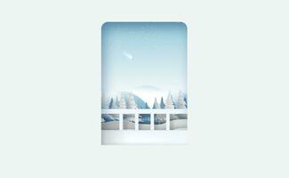 View Looking out door to landscape see mountain and forest for winter season.Merry Christmas and Happy New Year in sky with shooting stars. Snowflakes on Blue background paper cut and craft style. vector