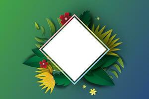 Paper art of Square Frame with green leaf and flower. Design paper cut and craft style.Scene place for your text banners.Spring and Summer season with template.Nature poster vector illustration