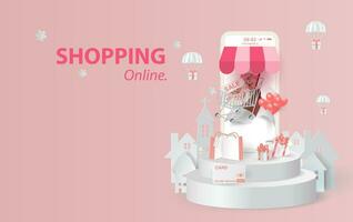 Paper art of smartphone for online shopping your text space background, Shopping Cart Floating on mobile phone concept,Balloon by dollar money. Merry Christmas and Happy New Year sale concept vector