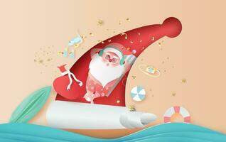 Summer Santa Claus Christmas day July.Delivery service concept cute cartoon character for Xmas design on sea wave water background.Creative paper cut and craft style.web minimal vector illustration