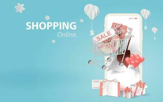 Paper art of smartphone for online shopping your text space background, Shopping Cart Floating on mobile phone concept,Balloon by dollar money. Merry Christmas and Happy New Year sale concept vector