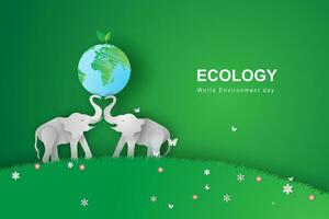 illustration of elephants in forest,Creative Origami design world environment and earth day. paper cut and craft concept.Landscape Wildlife animal with elephants lovers heart in nature by meadow. vector