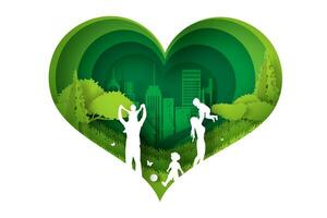 Eco Green happy family having fun playing in the field. paper cut and craft design Environment nature day concept.people lifestyle enjoy in garden park Picnic in holiday. heart shape curve concept vector