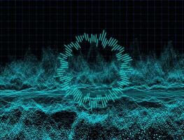 Abstract dark background with moving loop texture particles.Motion graphic Backdrop of ball dot Animation of seamless.Digital blue-green color audio sound wave light.Dynamic mesh surface illustration photo