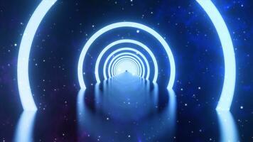 3D rendering. Loop motion of glowing neon ring and on dark galaxy star background. Neon light abstract background. Circles laser show fashion. virtual reality outer space with way star space panorama photo