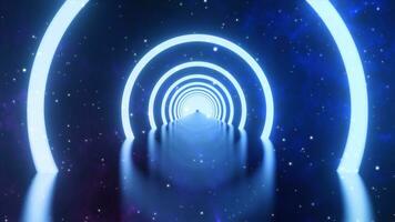 3D rendering. Loop motion of glowing neon ring and on dark galaxy star background. Neon light abstract background. Circles laser show fashion. virtual reality outer space with way star space panorama photo