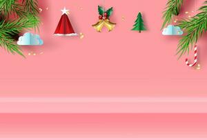 Merry Christmas and Happy new year on pink pastel background. Xmas text design paper art and craft style. Minimal Scene place for your text.Winter holiday season. Xmas of Stage wall shelf mock up vector