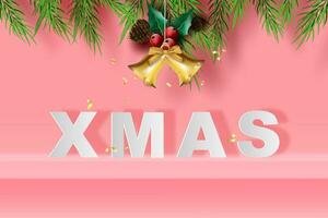 Merry Christmas and Happy new year on pink pastel background. Xmas text design paper art and craft style. Minimal Scene place for your text.Winter holiday season. Xmas of Stage wall shelf mock up vector