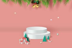 Podium product stand for Christmas for celebrate next year paper art. Mockup Christmas and New Year stage podium scene with blank space background. Xmas banner studio room. paper cut and craft style vector