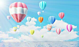 Colorful hot air balloons rising above serene the ocean seascape with blue sky background. Beautiful sun light Hot air balloon over the sea and white clouds. 3d rendering. illustration digital photo