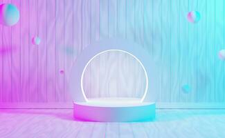 Neon light  with podium white 3d and minimal white wood wall scene.minimal concept podium background 3d rendering. Abstract geometric shape gray. Stage for awards on white  modern illustration. photo