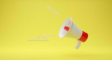Red-White megaphone on yellow background 3D rendering. speaker speech for your text. illustration photo