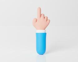 Finger pointing. Hand pointing isolated pastel background. Stylized hand pointer. Illustration for website, posts, advertising. Cartoon hand with blue sleeves shows index pointing left 3D rendering photo