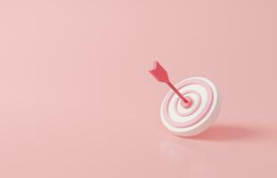 Arrow hit the center of target on pink pastel background. Business finance target concept.3d render success of the arrow bow to the target. Marketing time concept. 3d rendering illustration. Minimal photo