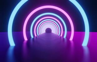 3d rendering of glowing neon ring and dark blue-purple background. Cyber Futuristic High Speed light zoom. Circles show fashion. Backdrop beam .Abstract Light fast night with way Spaceship Concept photo