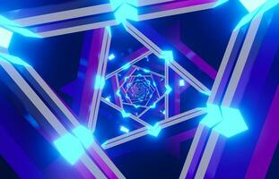 Portal de tecnología avanzada abstracta de ciencia ficción renderizado 3d. plantilla de bucle de túnel azul-violeta de resplandor de neón triángulo. vuelo abstracto en moderno zoom iluminación de neón pasillo de metal futurista con triángulos. foto