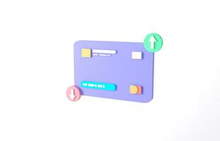 Representación 3D de tarjeta de crédito azul o púrpura para pago en línea, banca móvil en línea y transacción de pago sobre fondo blanco. Icono de tarjeta de crédito correcto para pagos sin contacto, concepto de compra online foto