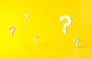 Group White Question Marks on yellow background. 3D Rendering. Minimal white question mark isolate. Realistic 3d query simple photo