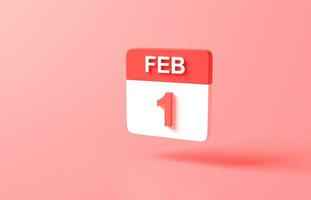 3d rendering minimal Calendar icon symbol. minimal cartoon cute style design. App Day month year concept. on pastel pink or red background, illustration. education and  learning simple. February 1 photo