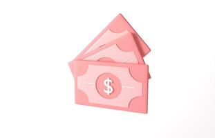 Bundle of icon money. minimal pink banknote on white background, business investment profit, money saving concept. 3d render. Dollar bills isolate. Economy and finance concept. cashless society photo