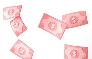 Bundle of icon money. minimal pink banknote on white background, business investment profit, money saving concept. 3d render. Dollar bills isolate. Economy and finance concept. cashless society photo