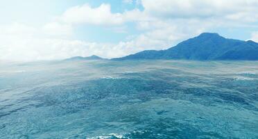 verano ver de el mar y montaña rango. isla de rocas en el océano, montaña isla en el horizonte, panorama de Oceano paisaje con isla, 3d representación foto