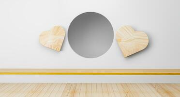 Scene empty room with circle and heart wood ideas. japanese room interior. Circle shelf wall design empty Living room japanese style room. Mock up Designe specifically. 3D rendering photo