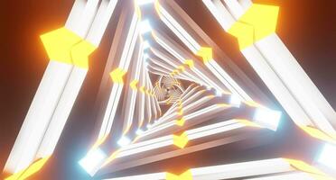lazo ciencia ficción animación avanzado tecnología portal 3d representación. vj música bucle. triángulo neón túnel bucle. resumen volador en moderno neón Encendiendo futurista metal corredor con triangulos. foto
