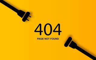 Modern vector illustration of 404 error page vector template for website, Electric Plug and Socket unplugged. Concept of Electrical theme web banner, disconnection, loss of connect. yellow