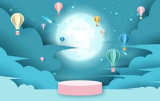 Holiday of hot air balloons on abstract cloud in full moon and shooting star night sky background with pink stage podium and blank space for product. Paper cut and craft style. vector, illustration. vector