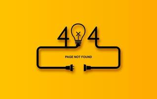 moderno vector ilustración de 404 error página vector modelo para sitio web, ligero bulbo eléctrico enchufe y enchufe desenchufado. concepto de eléctrico tema web bandera, desconexión, pérdida de conectar. amarillo