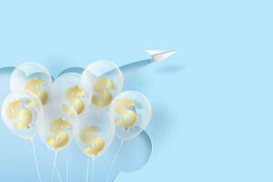 Paper art and craft of paper airplanes flying on blue sky and clouds, Creative design paper cut business success and balloons with dollar money concept idea,Your text space pastel background, Vector