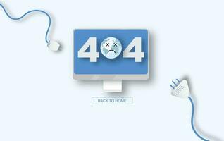 Modern vector illustration of 404 error page vector template for website, Computer desktop Electric Plug and Socket unplugged. Concept of Electrical theme web banner, disconnection, loss of connect.