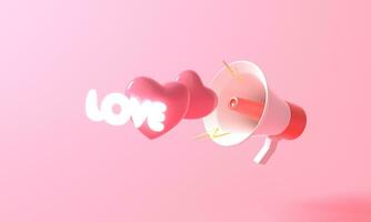 3D rendering Red-White megaphone on pink background of speaker speech for Valentine day. Minimal My love glow light heart pastel. illustration photo